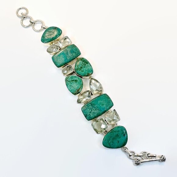 Chrysocolla Bracelet, Prasiolite, Green Amethyst, Sterling Silver, Wide,Vintage - Picture 2 of 6